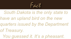 Fact
   South Dakota is the only state to have an upland bird on the new quarters issued by the Department of Treasury. 
  You guessed it. It’s a pheasant.