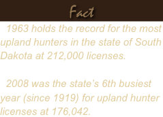Fact
  1963 holds the record for the most upland hunters in the state of South Dakota at 212,000 licenses.

  2008 was the state’s 6th busiest year (since 1919) for upland hunter licenses at 176,042.