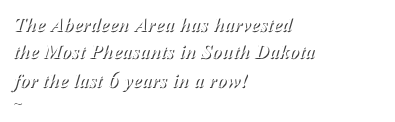 The Aberdeen Area has harvested
the Most Pheasants in South Dakota
for the last 5 years in a row.
~ South Dakota Game Fish and Parks